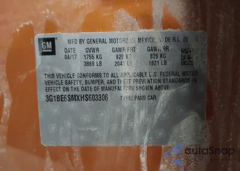 2017 Chevrolet Cruze Lt Auto из США, поврежденный, VIN 3G1BE6SMXHS603306